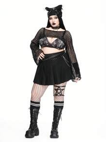 ROMWE Gothic College Casual Pleated Plus Size Women Skirt With Chain, Back To School Season - Black - View 3