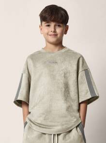 SUMWON Luxury Suedette Boys Matching Set Streetwear Two-Piece Outfit Contemporary Striped Panel Detail Drawstring Waist Winter Fall Spring Loungewear Leisure Outfit