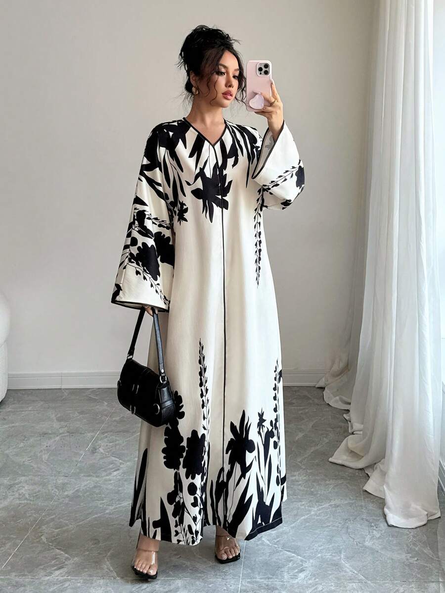 Chiquease Loose Middle Eastern Style Print Long Dress For Women, Spring Autumn - Black and White - View 1