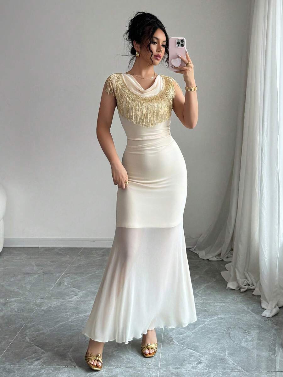 Rafferiza Plunging Neckline Fringed Cowl Neck Maxi Solid Color Dress - Apricot - View 1