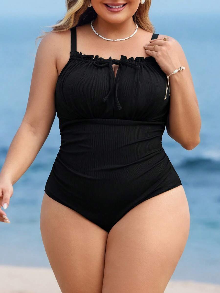 Swim Lushoire Plus Size Women's One-Piece Solid Color Spaghetti Strap Drawstring Decor Swimsuit, Casual Holiday Fashion For Summer Beach Vacation - Black - View 1