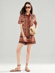Aveloria GENKIRA Ochre & Brown Toned Graphic Print Blouse & Shorts Set, Casual Resort Style For Women - Multicolor - View 4