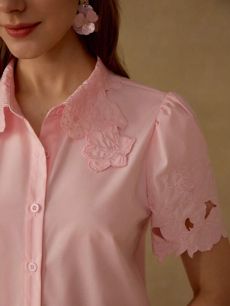 MOTF PREMIUM FLORAL EMBROIDERY BUTTON UP BLOUSE - Pink - View 2