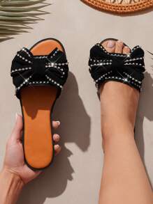 SHUZIA Dép lê nơ đen đính pha lê - Sandal đế bằng phong cách Y2K với viền đính đá, giày dự tiệc cưới cho khách mời trên bãi biển và túi cói ton sur ton. - màu đen - Xem 2