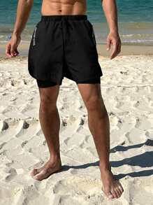 DAZY Men's Black Letter Print 2 In 1 Beach Shorts, Summer - Black - View 4