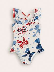 Young Girl Bowknot Printed Ruffle-Trim One-Piece Swimsuit - Multicolor - View 1