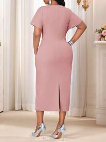 SHEIN Lady Spring And Summer  Autumn And Winter Elegant Baby Blue Round Neck Bishop Sleeve Bodycon Dress Plus Size Dresses Blue Dresses Dress - Dusty Pink - View 3
