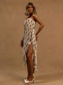 MUSERA Printed Bandeau Side Slit Knot And Drape Tie Detail Mini Dress Ibiza Outfit, For Holiday, Spring, Summer, Vacation, Beach White Isle - Multicolor - View 2