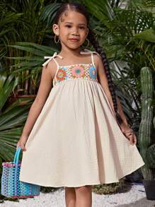 SHEIN Young Girl Woven Solid Color Splicing Ribbon Strap Sleeveless Dress - Apricot - View 8