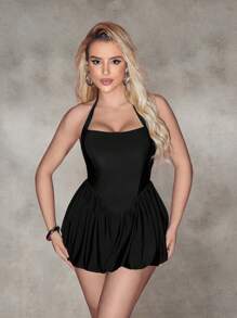 Shapewave Tummy Control Women V-Neck Swimdress With Flounce Hem & Crisscross Back Design For Summer Beach Vacation - Black - View 7