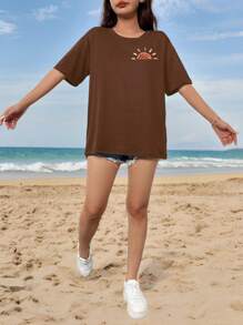 Calvaya Large Short-Sleeved T-Shirt For Women Plus Printed With Slogan Pattern, Suitable For Summer FOREVER CHASING SUNSETS Graphic Tees Women Tops - Hot Pink - View 3