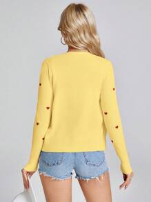 SHEIN LUNE Butter Yellow Lightweight Red Heart Pattern Cardigan For Women, Romantic Spring/Valentine's Day - Yellow - View 2
