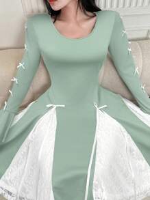 Modelyn Women's Bowknot Decor Round Neck Flare Sleeve Elegant Mid-Length Dress - Green - View 6