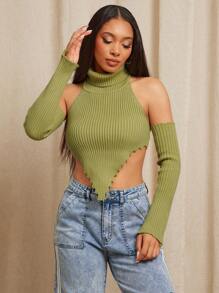 Vixey Sleeveless Handkerchief Backless Knit Top With Detachable Sleeves - Green - View 5