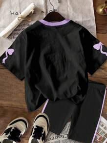 SHEIN 2件套年轻女孩夏季休闲数码印花短袖T恤和短裤套装年轻女孩服装套装两件套女孩衣服年轻女孩套装年轻女孩套装儿童运动服女孩套装衣服年轻女孩套装 - 彩色 - 查看 3