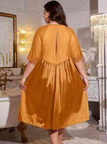 MuseNap CURVE Plus Size Short Sleeve Nightgown With Satin, Mesh And Lace Patchwork - Burnt Orange - View 2