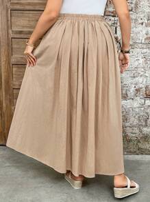 SHEIN LUNE تنورة بوهيمية بجيوب مطوية وشق، متعددة الاستخدامات بلون أحادي، مناسبة للمناسبات الكاجوال مثل عيد الفصح والحفلات الريفية والتخرج والصيف والغداء في عيد الأم والكنيسة، مقاسات كبيرة - لون مشمشي - مشاهدة 7