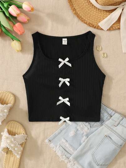 SHEIN Top de tirantes informal para niñas preadolescentes con decoración de moño para el verano