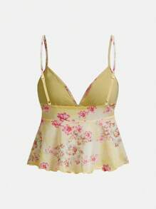 Sweetina Elegant Floral Print Mesh Strap Top For Summer - Mustard Yellow - View 2