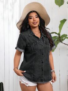 EMERY ROSE Plus Size Women's Short Sleeve Single Breasted Utility Pocket Casual Denim Blouse - Grey - View 5