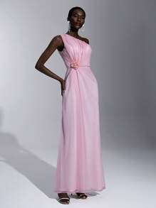 SHEIN Belle 优雅、浪漫、端庄、粉色、闪亮网纱、不对称肩部、不对称领口、立体花朵、褶裥、A字裙、婚礼宾客礼服、生日派对、婚宴、舞会、伴娘礼服 - 粉色 - 查看 6