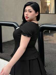 Dazy Plus Plus Size Patchwork Polka Dot Bowknot Decor Fitted Short Sleeve T-Shirt With Ruffle Hem Cute Tops Women Plus Clothing Formal, Back To School Clothes - Black - View 2