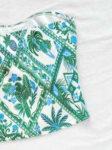 Soleia Vacation Women's Blue White Floral Patchwork Retro Print Gathered Cropped Camisole Top - Green - View 3