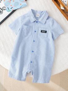 SHEIN 男童/女童休闲运动韩版polo领条纹大口袋短袖连体衣，适合春夏季室内外穿着 - 藍色 - 查看 3