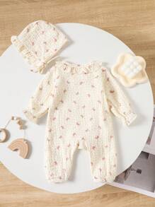 SHEIN Baby Girl Polka Dot Bow Print Ruffled Long Sleeve Loose Casual Jumpsuit - Khaki - View 2