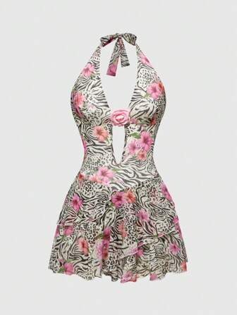 ROMWE Avant Vestido con volantes en el cuello y decoración floral 3D con estampado romántico de cebra, leopardo y flores de hibisco en estilo vacacional para mujeres