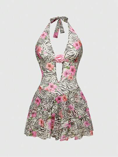 ROMWE Avant Vestido con volantes en el cuello y decoración floral 3D con estampado romántico de cebra, leopardo y flores de hibisco en estilo vacacional para mujeres