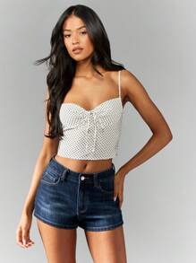 MISSGUIDED Polka Dot Ruched Bust Cami Top Summer Crop Tank Thin Strap Sweetheart Neckline Casual Beach Festival Style - White - View 1