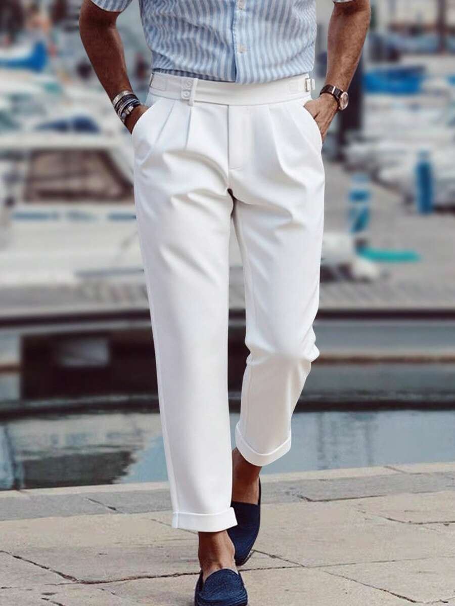 Calvornis Slim-Fit Solid Color Pleated Pocket Casual Business Suit Pants For Men White Pants For Men White Dress Pants Men White Dress Pants Casual Men Pants Men's White Pants White Slacks Men's White Dress Pants Men White Pants Men White Dress Pants - White - View 1