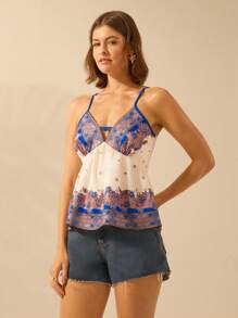 CAJUNI Camiseta sin mangas estilo vacacional sexy con escote en V profundo, estampado floral y degradado azul tropical, para mujer, estilo bohemio