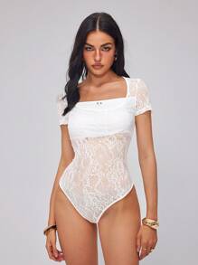 Roylia Elegant Square Neck Contrast Lace Minimalist Sexy Women White Bodysuit - White - View 6