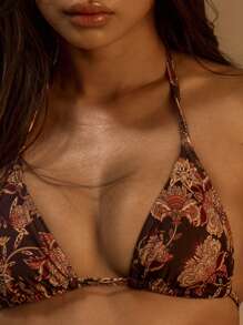 Musera Resort Floral Tie Triangle Bikini Top For Ibiza, Holiday, Spring, Summer, Vacation, Beach, Swimwear Graphic - Multicolor - View 5