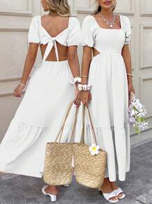 Breezaya Women's Solid Color Simple Daily Square Neck Short Sleeve Dress For New Year Clothes Maxi Vacation Beach Outfit