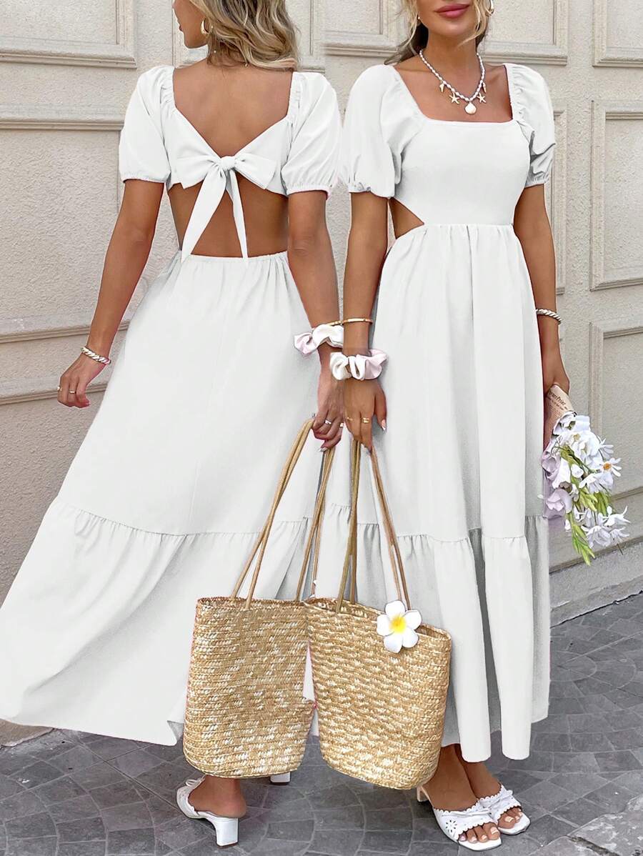 Breezaya Women's Solid Color Simple Daily Square Neck Short Sleeve Dress For New Year Clothes Maxi Vacation Beach Outfit