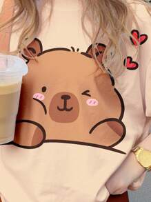 SHEIN Conjunto de 2 piezas de camiseta de manga corta y pantalones cortos con estampado de Capibara de dibujos animados, estilo casual y minimalista, apropiado para niñas adolescentes en verano