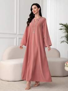 Al Najma Women's V Neck Pullover Gold Embroidered Turkish & Arabic Style Abaya, Modest Kaftan - Pink - View 7