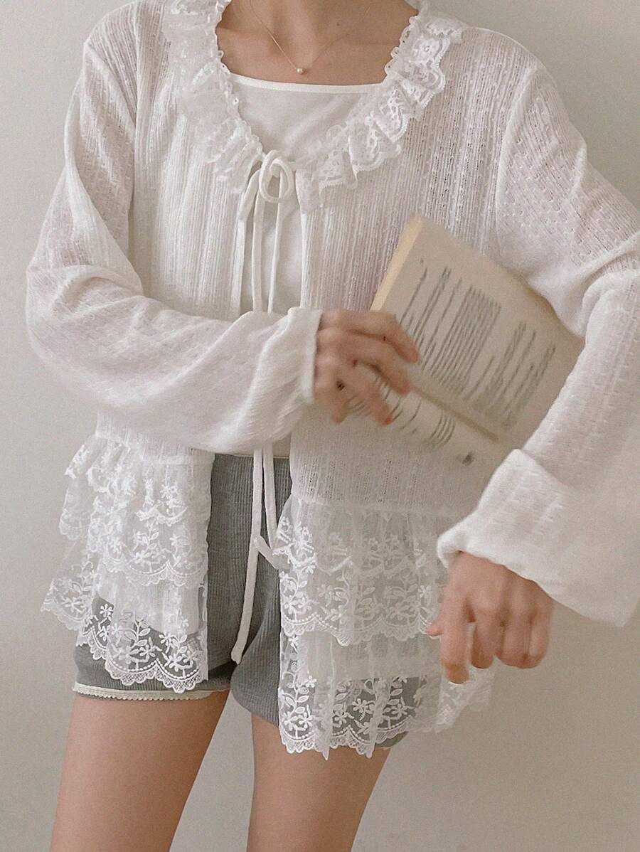 DAZY 女士圆领蕾丝网眼拼接长袖亚麻上衣 - 白色 - 查看 1