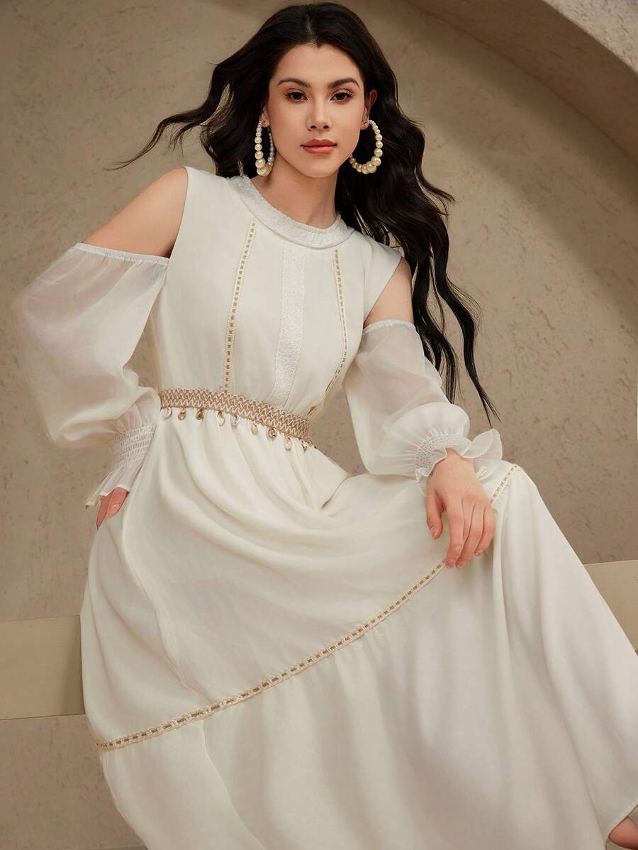 DAZY Women's Boho Vacation Chiffon Sequin Tassel Decor Off-Shoulder Waist Cinched Solid Color Maxi Dress, Spring/Summer, Ladies Summer/Graduation Dress