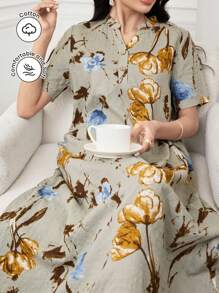 SHEIN Najma Floral Print Notched Neck Elegant Short Sleeve Arabic Dress - Grey - View 1