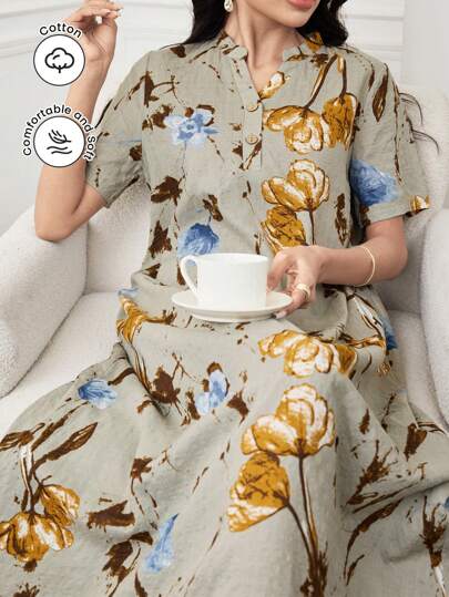 SHEIN Najma 花卉印花缺口领优雅短袖阿拉伯连衣裙