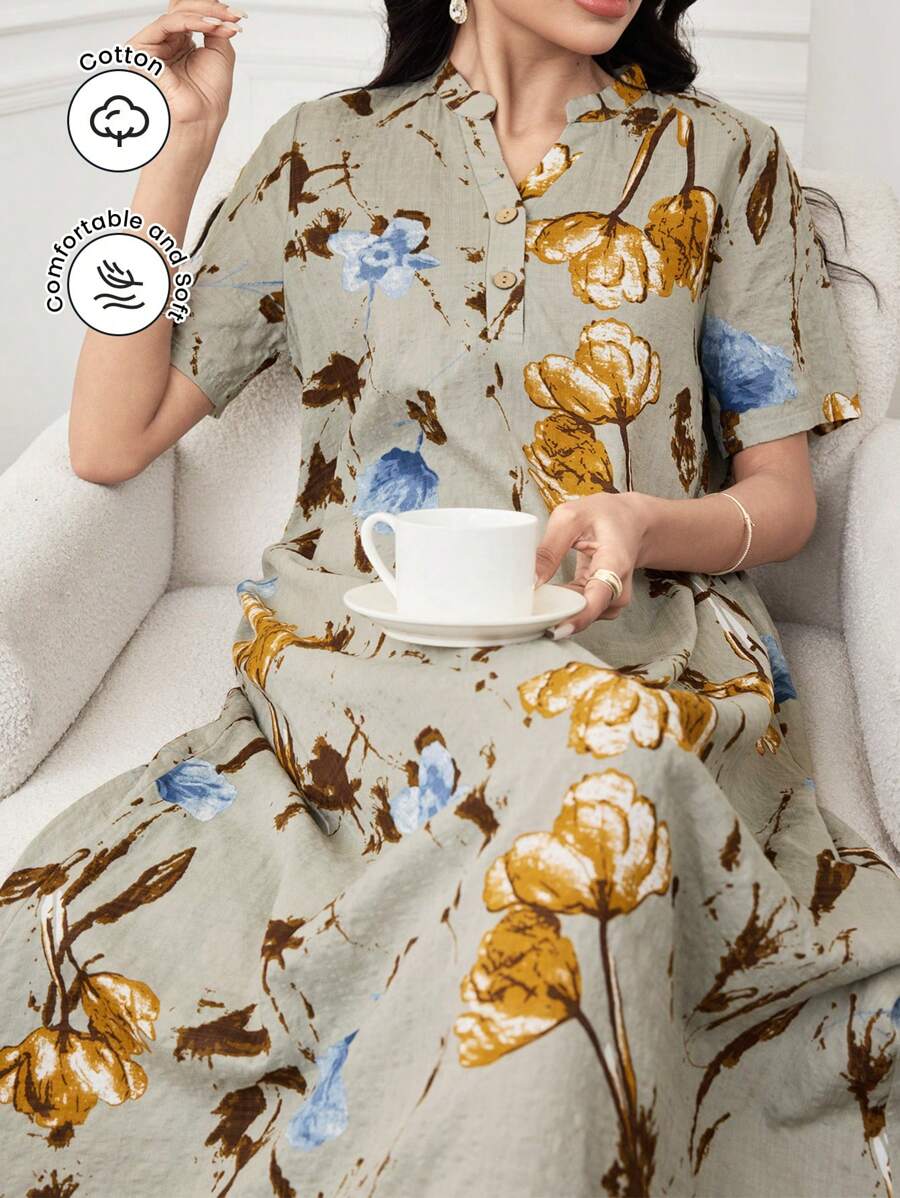 SHEIN Najma Floral Print Notched Neck Elegant Short Sleeve Arabic Dress - Grey - View 1