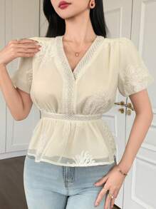 DAZY Women's Faux Pearl Beaded V-Neck Puff Sleeve Blouse,Ruffle Vacation - Apricot - View 3