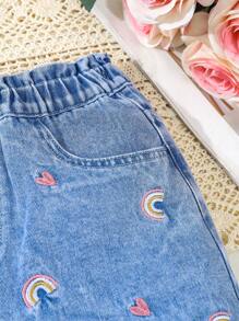 Short vaquero de verano ajustado y elegante para niñas preadolescentes con cintura fruncida y bordado de corazón arcoíris