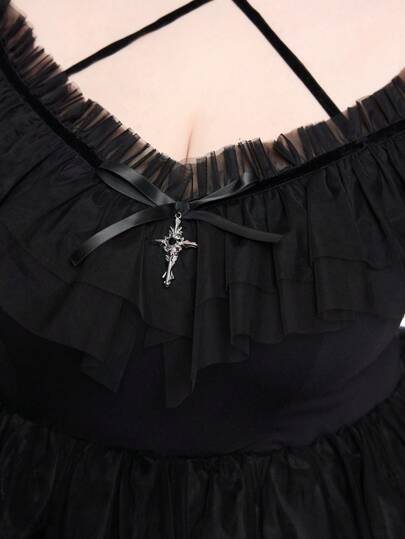 Goth Plus Size Women Summer Outfits, Elegant Halloween Gothic Dream Layered Mesh And Ruffle Trim V-Neck Tied Waist Dress