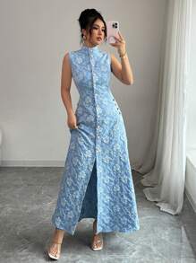 Elenzga Đầm thanh lịch cổ đứng in họa tiết toàn bộ không tay cài nút phía trước - Màu xanh lam - Xem 4