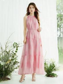 SHEIN LUNE 女款2025夏季度假扎染纹理印花无袖连衣裙 - 粉色 - 查看 6